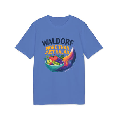 Alt Tag: Waldorf More Than Just Salad 100% Organic Cotton T-Shirt blue graphic tee with fruit salad bowl and colorful swoosh illustration