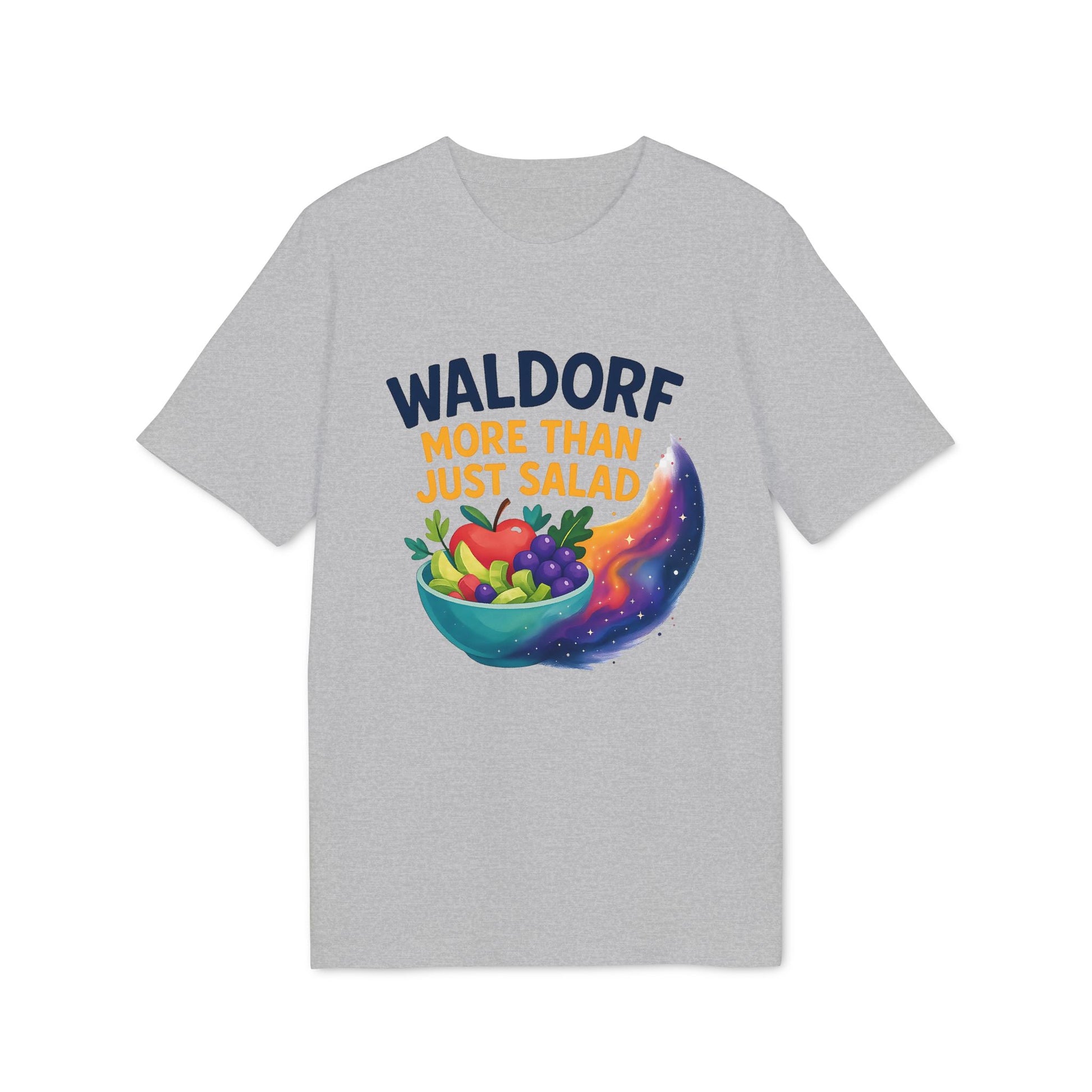 Alt Tag: Waldorf More Than Just Salad 100% Organic Cotton T-Shirt, gray tee with Waldorf text and colorful salad bowl graphic