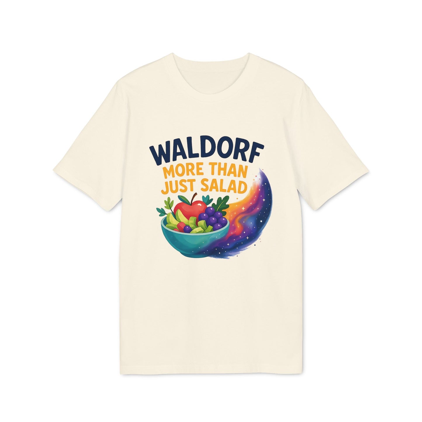 Alt Tag: Waldorf More Than Just Salad 100% Organic Cotton T-Shirt cream graphic tee with salad bowl and colorful swirl illustration