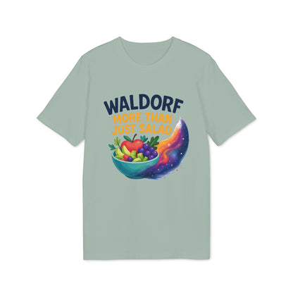 Waldorf More Than Just Salad 100% Organic Cotton T-Shirt with “WALDORF” graphic, fruit bowl illustration and cosmic swirl on sage tee