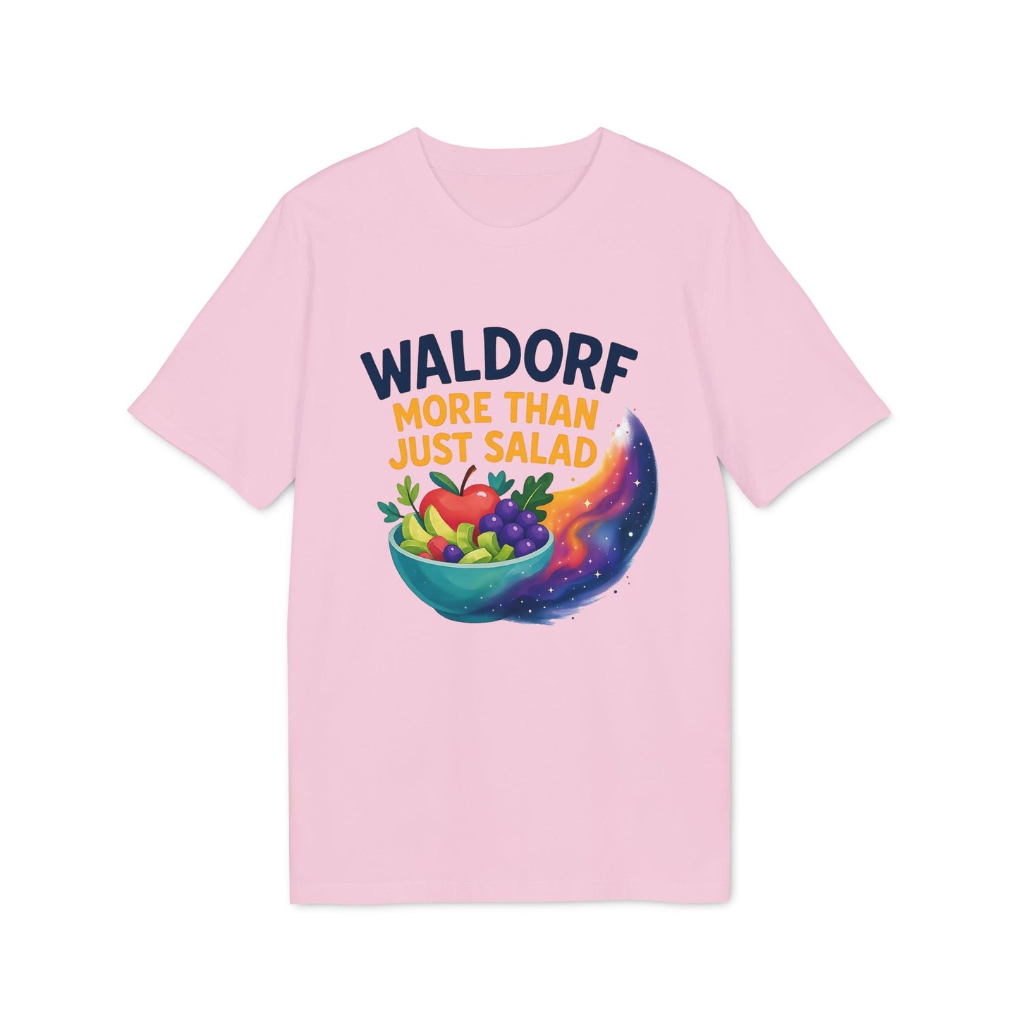 Alt Tag: Waldorf More Than Just Salad 100% Organic Cotton T-Shirt pink graphic tee with salad bowl and cosmic swirl design