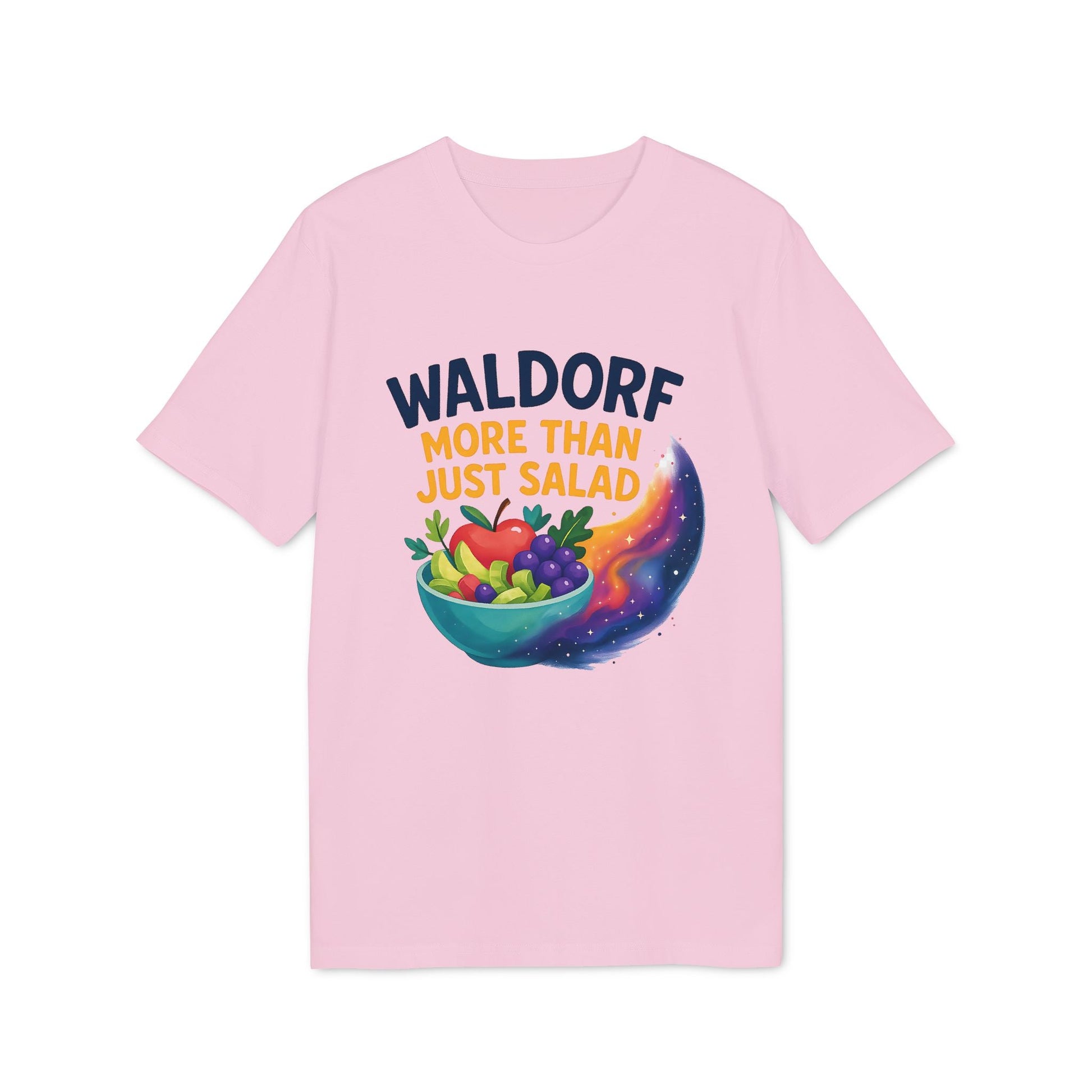 Alt Tag: Waldorf More Than Just Salad 100% Organic Cotton T-Shirt pink graphic tee with salad bowl and cosmic swirl design