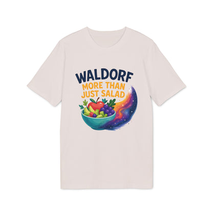 Waldorf More Than Just Salad 100% Organic Cotton T-Shirt with salad bowl graphic and colorful cosmic swirl on white tee