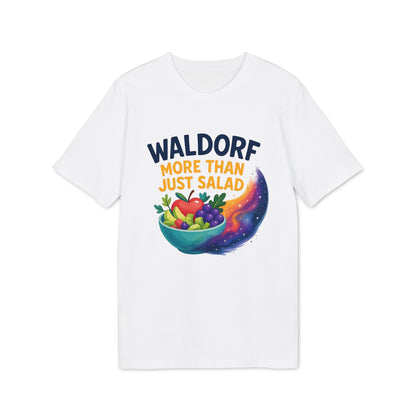 Waldorf More Than Just Salad 100% Organic Cotton T-Shirt white graphic tee with Waldorf salad bowl and colorful swirl design