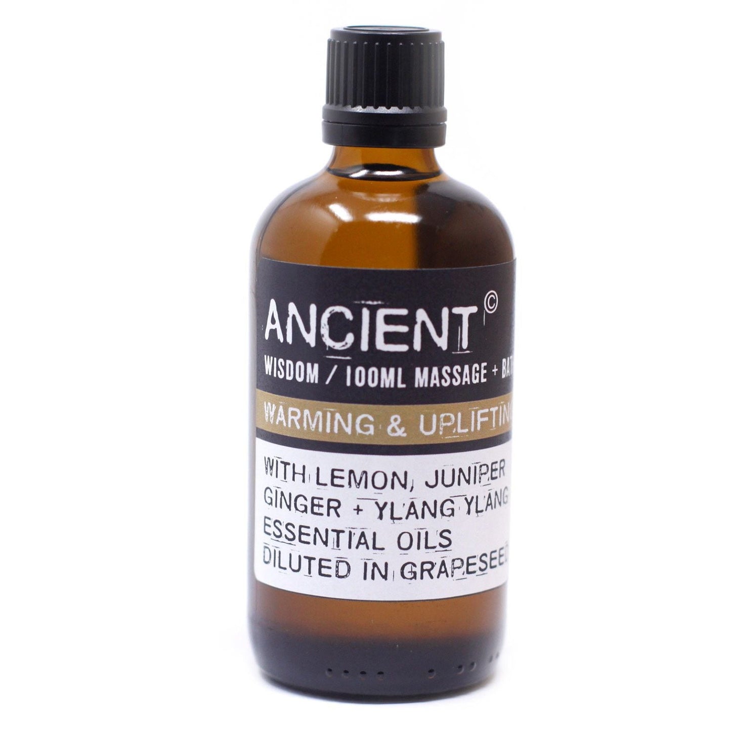 Warm & Uplifting Massage Oil – 100ML amber glass bottle with lemon, juniper, ginger & ylang ylang essential oils in grapeseed oil