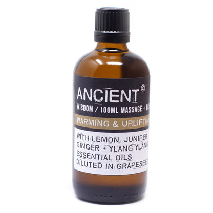 Warm & Uplifting Massage Oil – 100ML amber glass bottle with lemon, juniper, ginger & ylang ylang essential oils in grapeseed oil