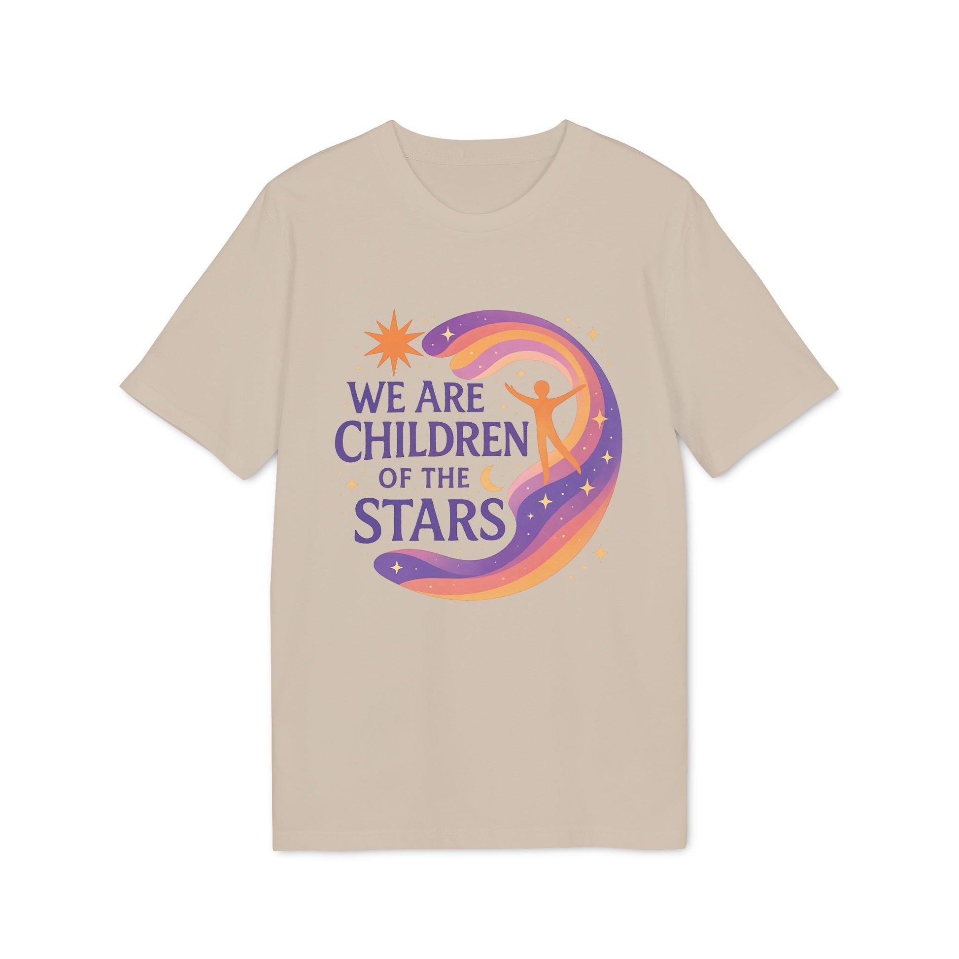 Alt Tag: We Are Children Of The Stars 100% Organic Cotton T-Shirt beige tee with colorful star and swirl graphic and slogan print