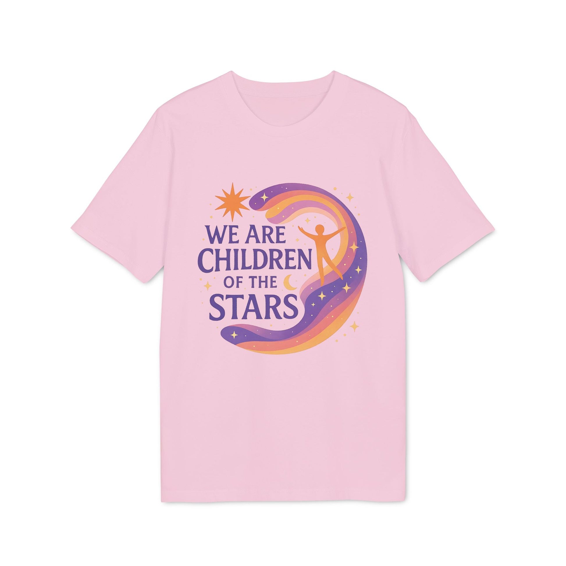 Alt Tag: We Are Children Of The Stars 100% Organic Cotton T-Shirt in pink with celestial graphic and "We Are Children Of The Stars" text