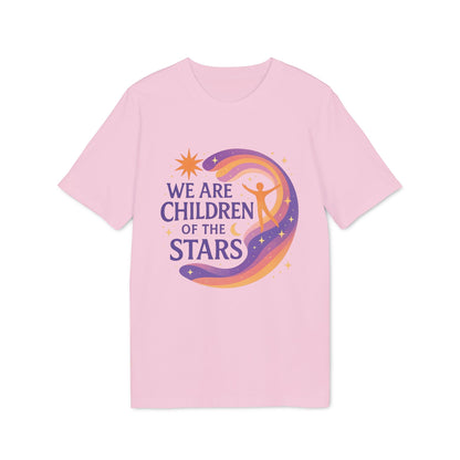 Alt Tag: We Are Children Of The Stars 100% Organic Cotton T-Shirt in pink with celestial graphic and "We Are Children Of The Stars" text