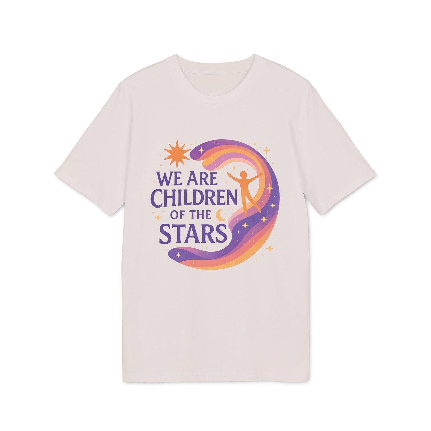 Alt Tag: We Are Children Of The Stars 100% Organic Cotton T-Shirt with colorful star and cosmic swirl graphic on light beige tee