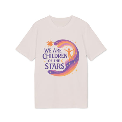 Alt Tag: We Are Children Of The Stars 100% Organic Cotton T-Shirt with colorful star and cosmic swirl graphic on light beige tee