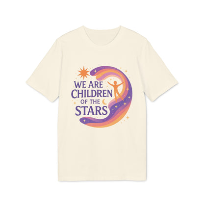 Alt Tag: We Are Children Of The Stars 100% Organic Cotton T-Shirt con gráfico “We Are Children Of The Stars” y figura en espiral estelar