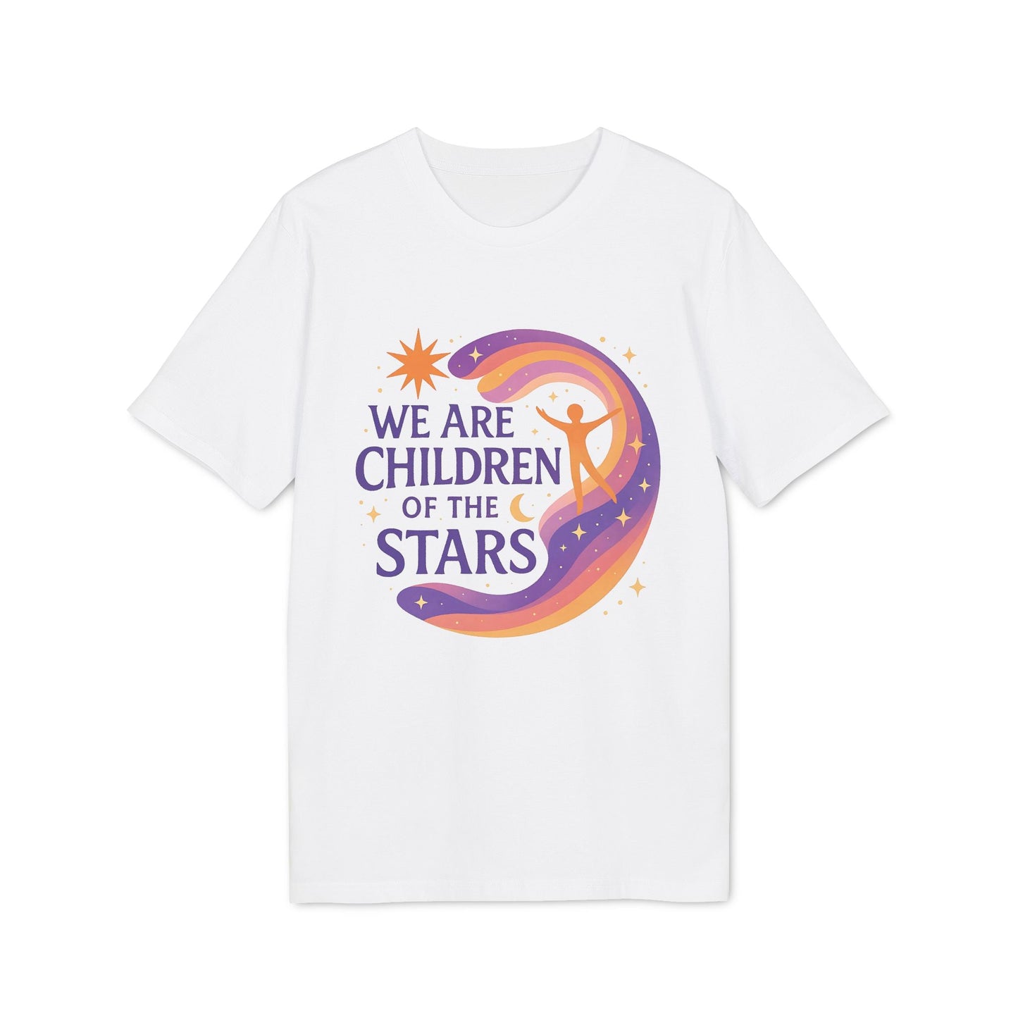 Alt Tag: We Are Children Of The Stars 100% Organic Cotton T-Shirt, white tee with colorful cosmic graphic and "We Are Children Of The Stars" text