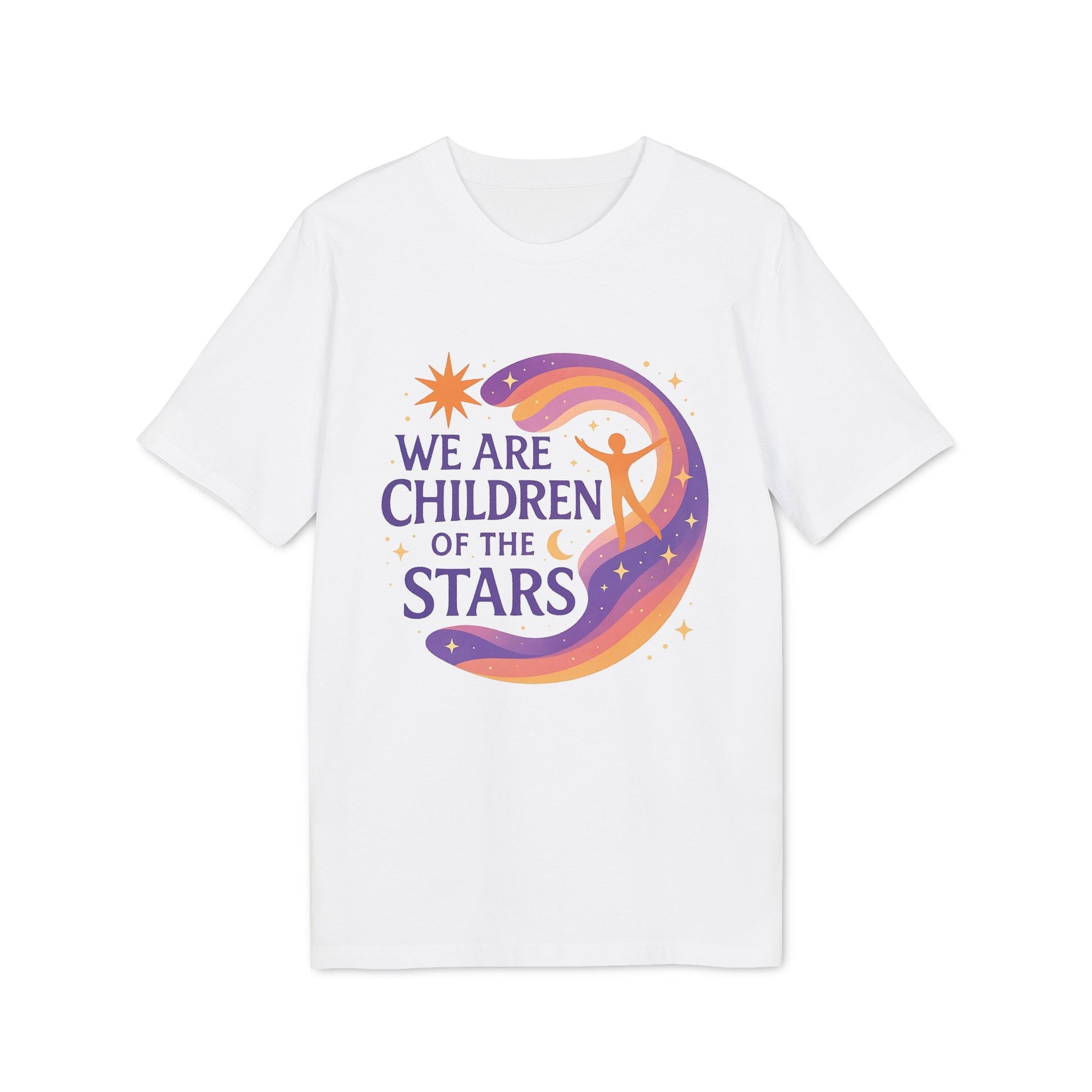 Alt Tag: We Are Children Of The Stars 100% Organic Cotton T-Shirt, white tee with colorful cosmic graphic and "We Are Children Of The Stars" text