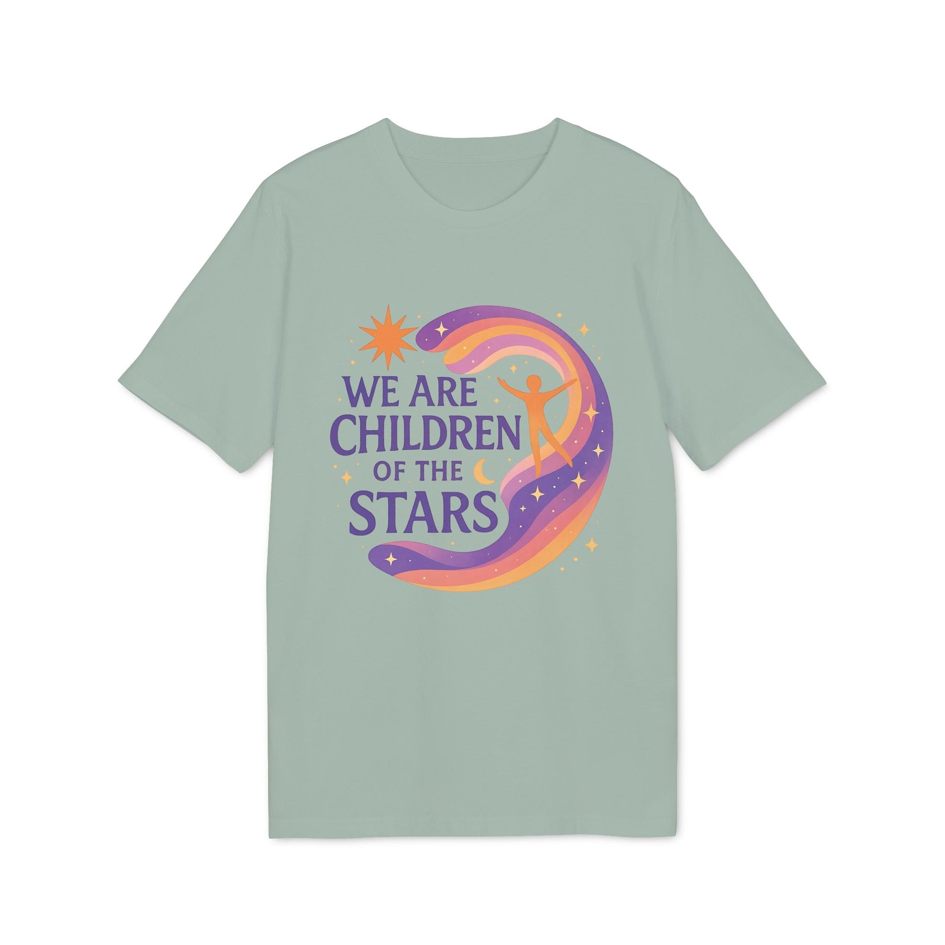 Alt Tag: We Are Children Of The Stars 100% Organic Cotton T-Shirt with colorful cosmic graphic, star and silhouette on light green tee