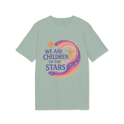 Alt Tag: We Are Children Of The Stars 100% Organic Cotton T-Shirt with colorful cosmic graphic, star and silhouette on light green tee
