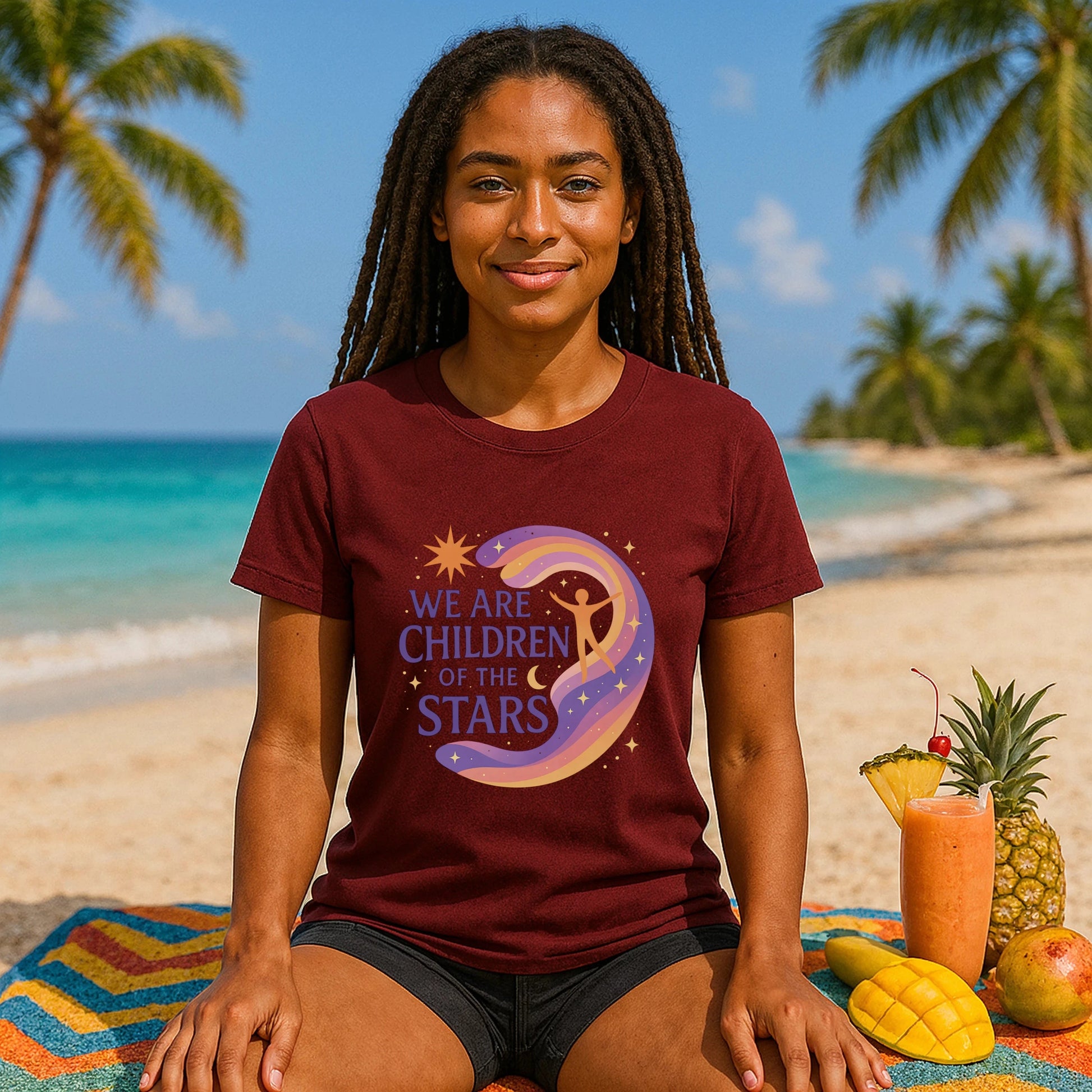 Alt Tag: We Are Children Of The Stars 100% Organic Cotton T-Shirt on model, burgundy graphic tee with “We Are Children Of The Stars” print
