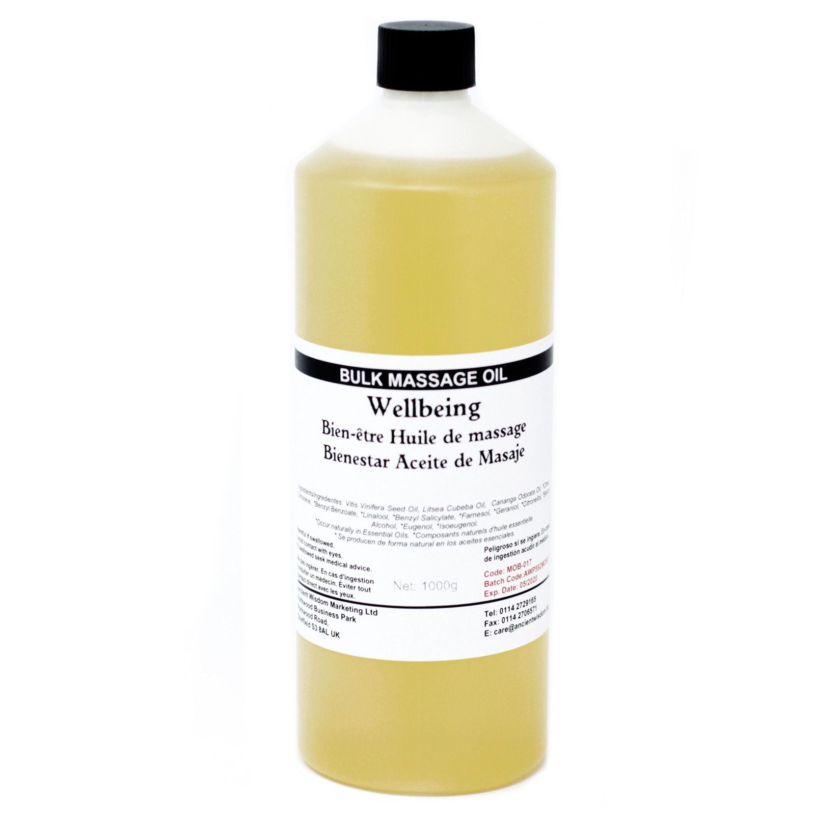 Alt Tag: Wellbeing Massage Oil – 1 KG flaska med massageolja i bulk, 1 kg, med svart lock mot vit bakgrund