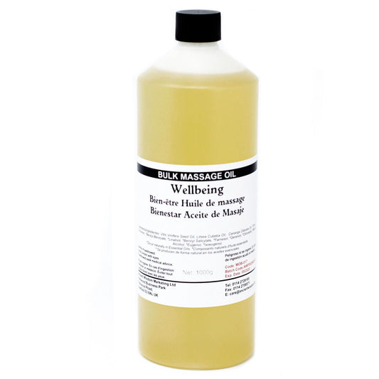 Alt Tag: Wellbeing Massage Oil – 1 KG flaska med massageolja i bulk, 1 kg, med svart lock mot vit bakgrund