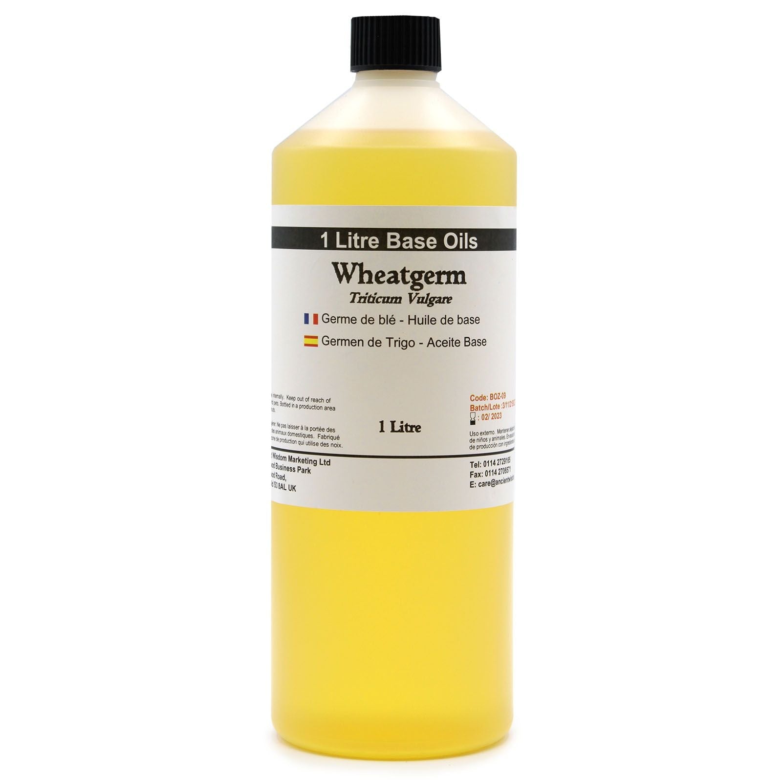 Alt Tag: Wheatgerm Base Oil – 1 Litre bottle, 1 litre base oil for massage and skincare, vitamin E rich wheat germ oil