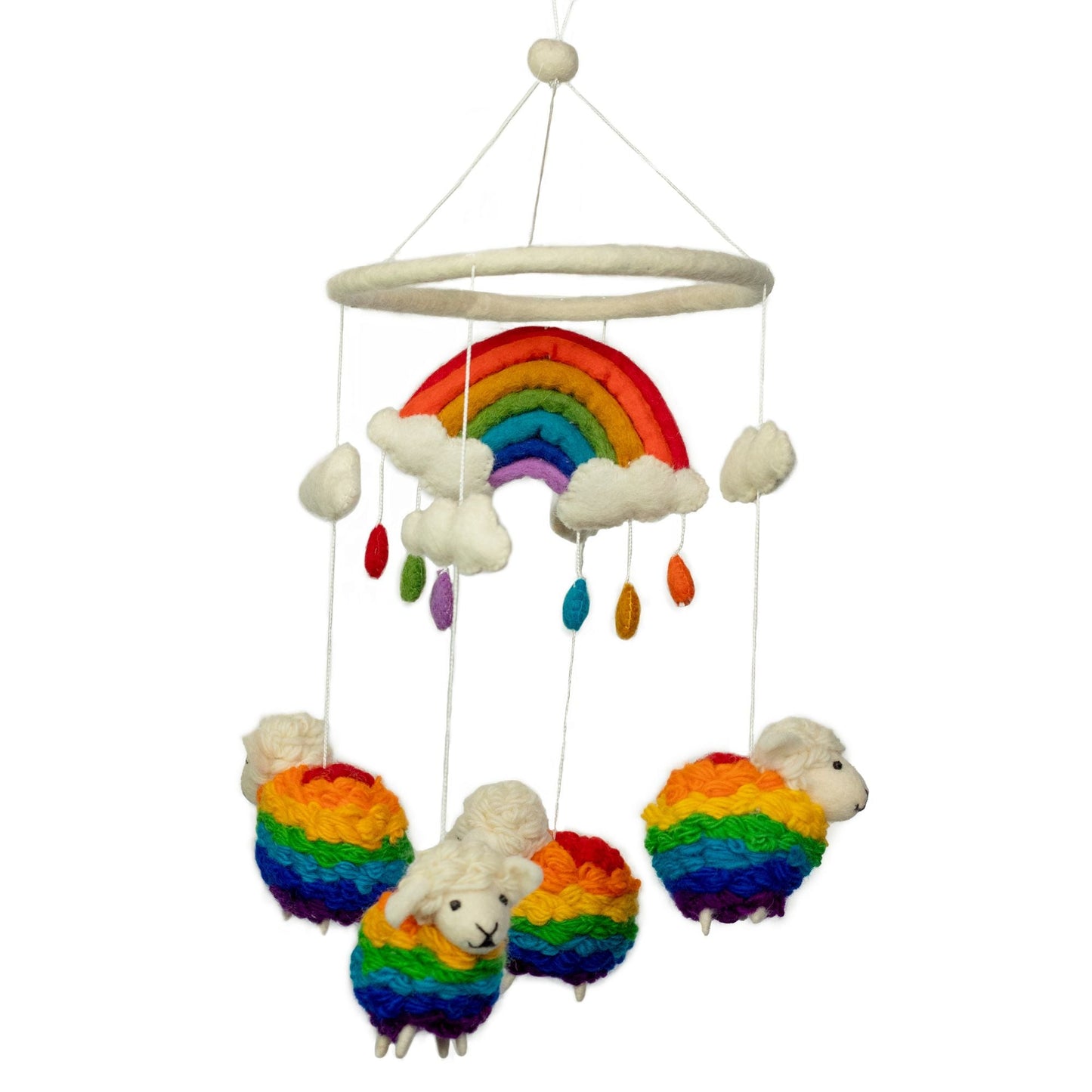 Whimsical Felt Mobile – Rainbow Sheep handmade nursery mobile with rainbow, clouds and felt sheep, 19x50 cm