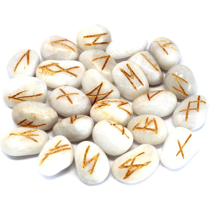 White Agate Rune Stone Set – 11x9 CM, piedras rúnicas de ágata blanca pulidas con símbolos grabados en dorado