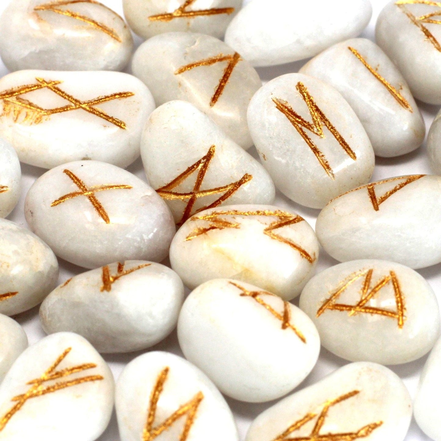 White Agate Rune Stone Set – 11x9 CM, polished white agate rune stones with gold engraved symbols, close-up