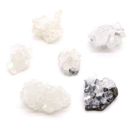 White Apophyllite Clusters – 20–30 MM natural white crystal cluster stones, small mineral specimens on white background