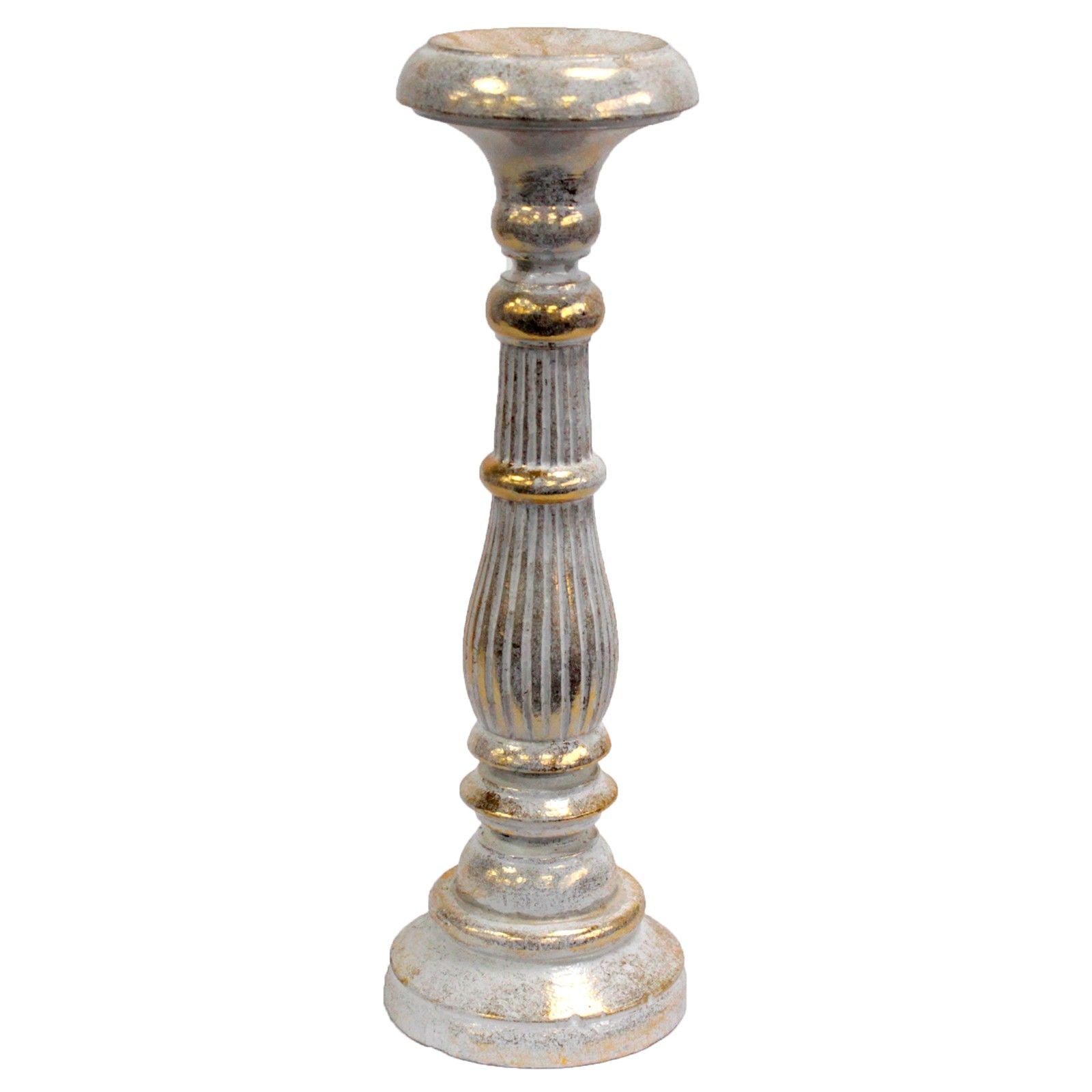 Soporte grande para vela en oro blanco – Portavelas alto decorativo de metal con acabado blanco y sutiles detalles dorados