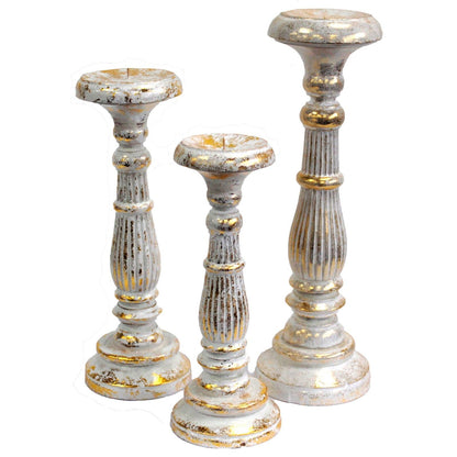 White Gold Small Candle Stand – Decorative Metal set of three white metal candlesticks with gold accents, small tabletop decor