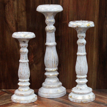 Alt Tag: White Gold Small Candle Stand – Decorative Metal set of three vintage-style candle holders with white finish and gold accents