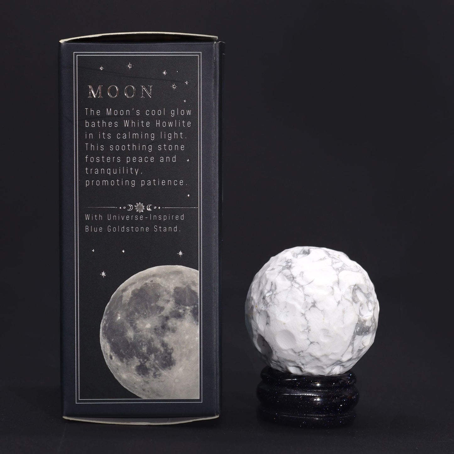 White Howlite Gemstone Planet – 40MM Solar Goldstone Stand with Moon gift box packaging and white howlite sphere on sparkling stand