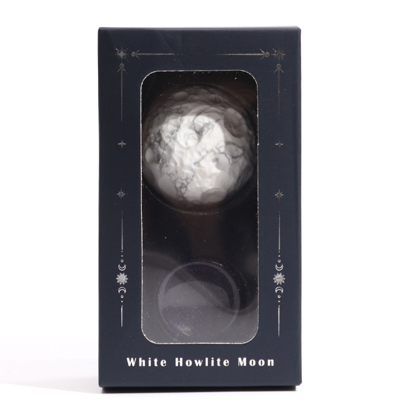 White Howlite Gemstone Planet – 40MM Solar Goldstone Stand in gift box with white howlite moon sphere, front view