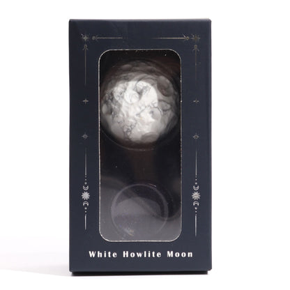 White Howlite Gemstone Planet – 40MM Solar Goldstone Stand in gift box with white howlite moon sphere, front view
