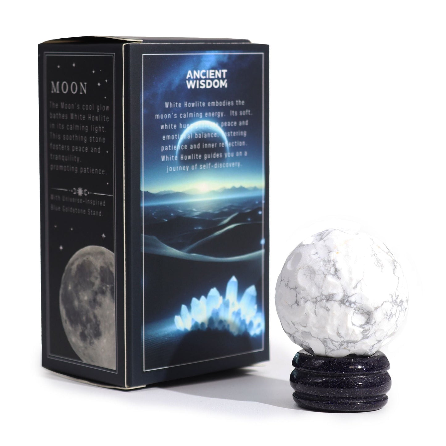White Howlite Gemstone Planet – 40MM Solar Goldstone Stand with moon-themed box packaging