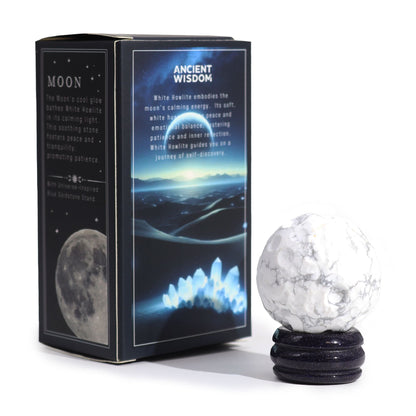 White Howlite Gemstone Planet – 40MM Solar Goldstone Stand with moon-themed box packaging