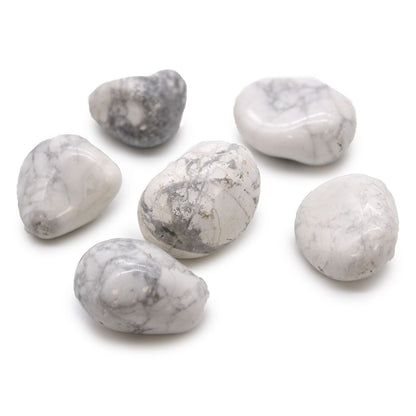 Alt Tag: White Howlite Magnesite Tumble Stones – Bag of 6, polished white stones with gray veining, set of six