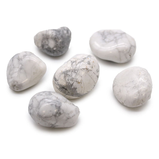 Alt Tag: White Howlite Magnesite Tumble Stones – Bag of 6, polished white stones with gray veining, set of six