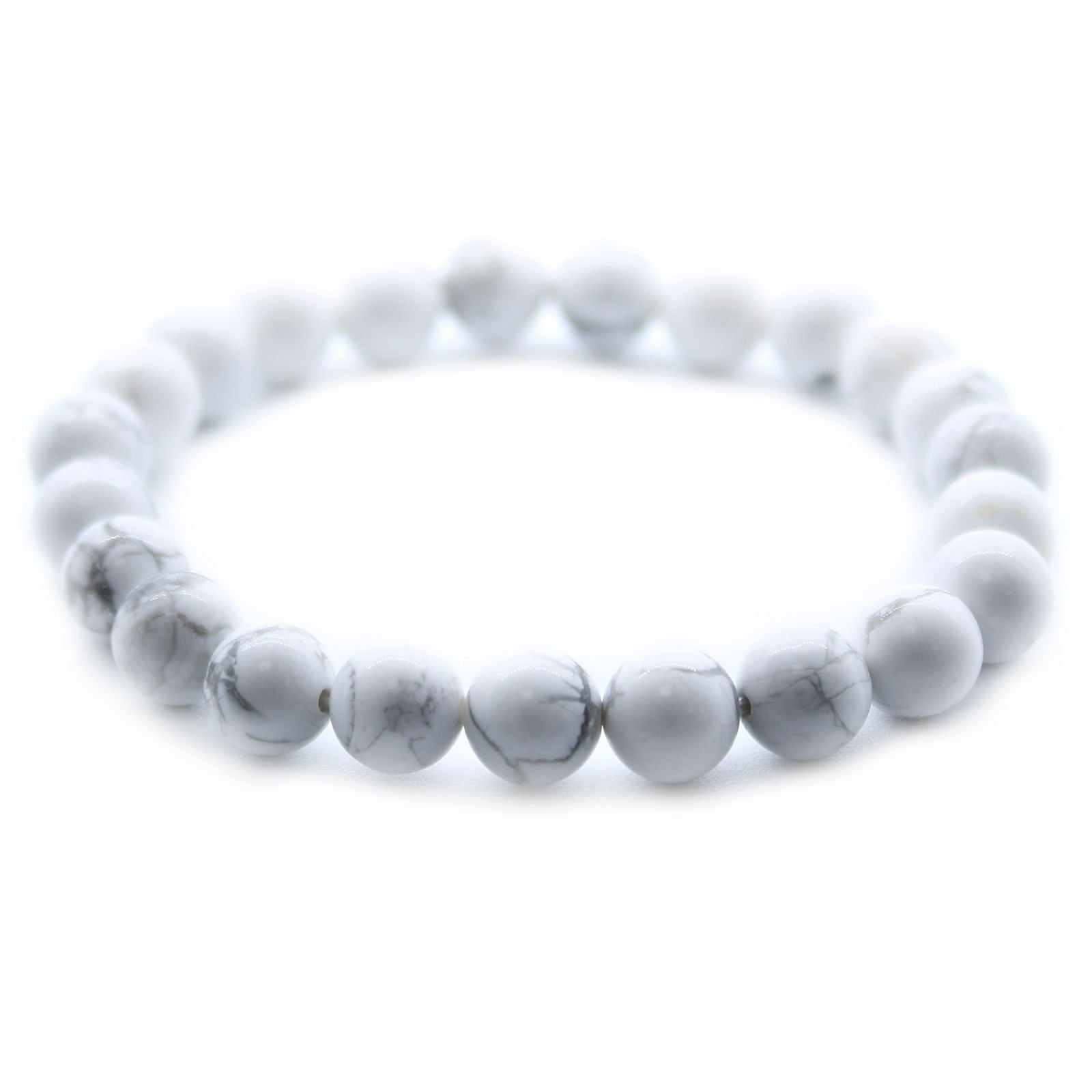 Alt Tag: White Jasper Gemstone Bracelet – 8MM white gemstone bead stretch bracelet with subtle gray veining on white background