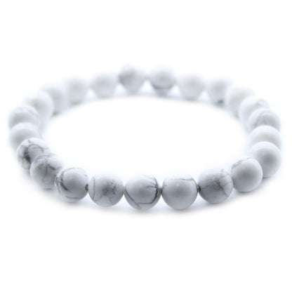 Alt Tag: White Jasper Gemstone Bracelet – 8MM white gemstone bead stretch bracelet with subtle gray veining on white background