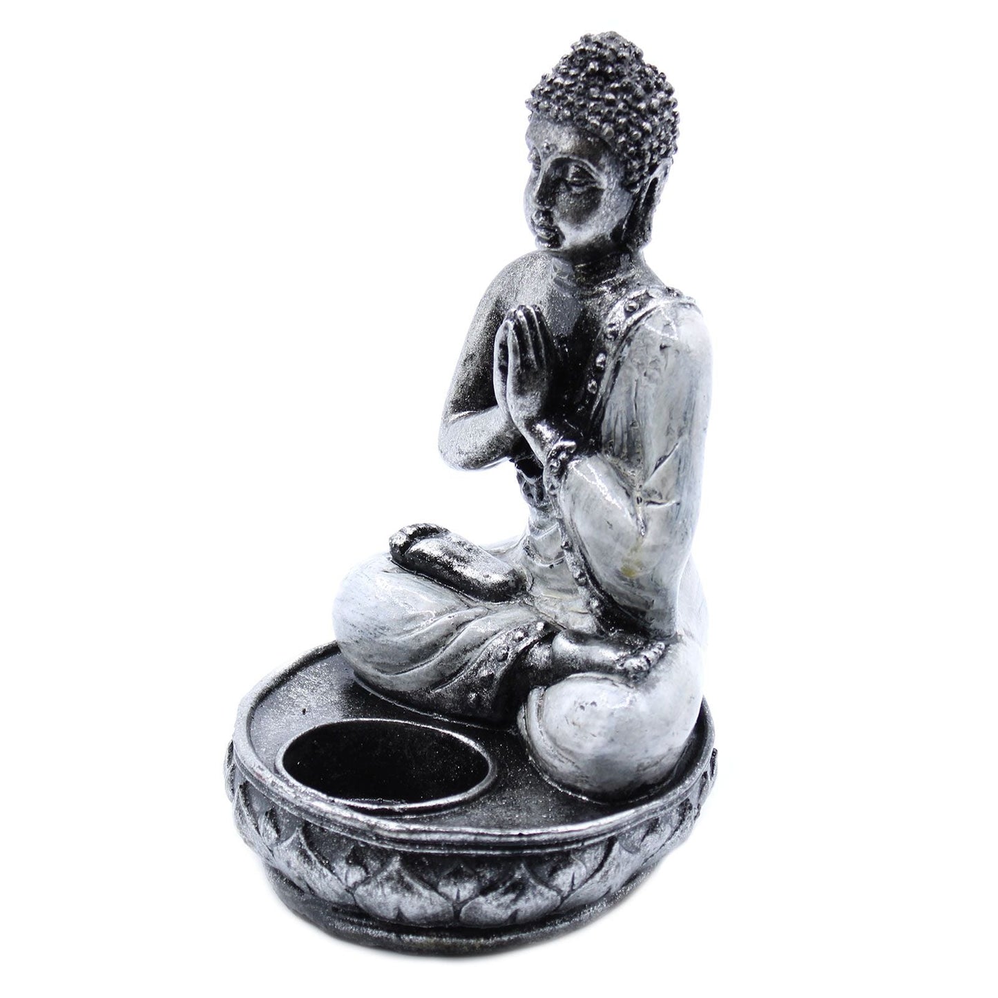 Alt Tag: Buddha-ljushållare i harts – Vit Medium, Buddha-figur i medium harts som ljushållare med bedjande händer och rund kopp för tealight