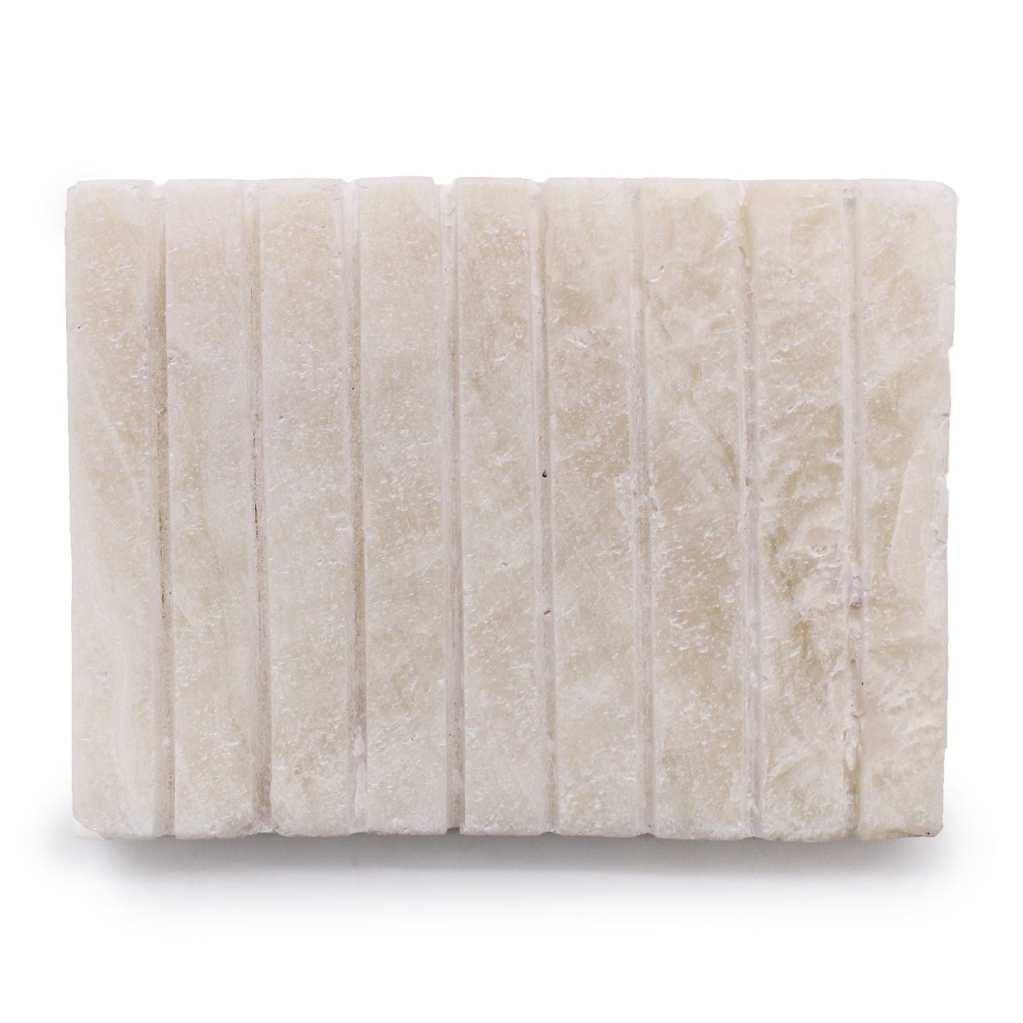 Alt Tag: White Onyx Stone Soap Dish – 11.5x9 CM, rectangular ridged grooves, natural white onyx bathroom soap holder