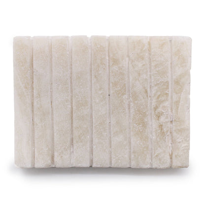 Alt Tag: White Onyx Stone Soap Dish – 11.5x9 CM, rectangular ridged grooves, natural white onyx bathroom soap holder