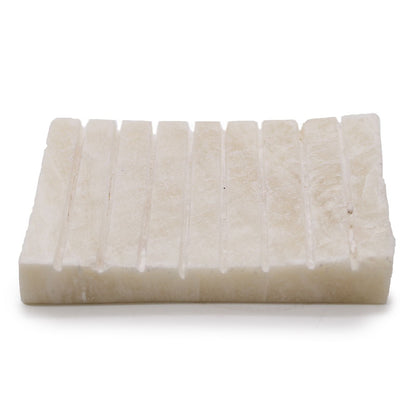 White Onyx Stone Soap Dish – 11.5x9 CM with ridged grooves, rectangular genuine white onyx bathroom soap holder