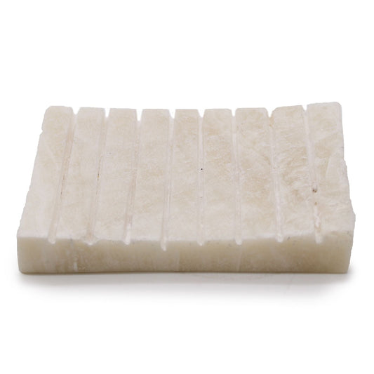 White Onyx Stone Soap Dish – 11.5x9 CM with ridged grooves, rectangular genuine white onyx bathroom soap holder