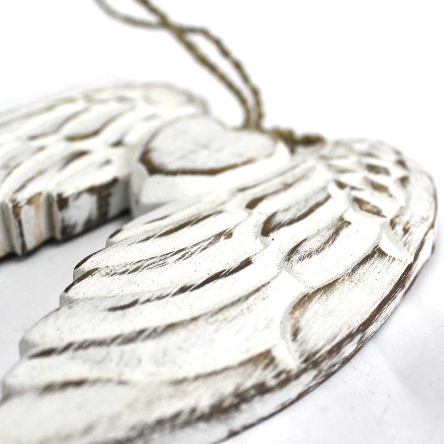 Alt Tag: White Washed Angel Wings – 24CM Heart Design hand-carved albesia wood wall hanging with whitewashed finish