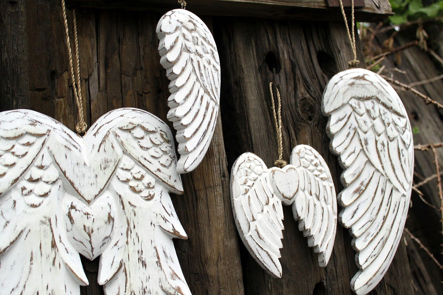 White Washed Angel Wings – 24CM Heart Design hand-carved albesia wood wall decor with heart center, white-washed finish