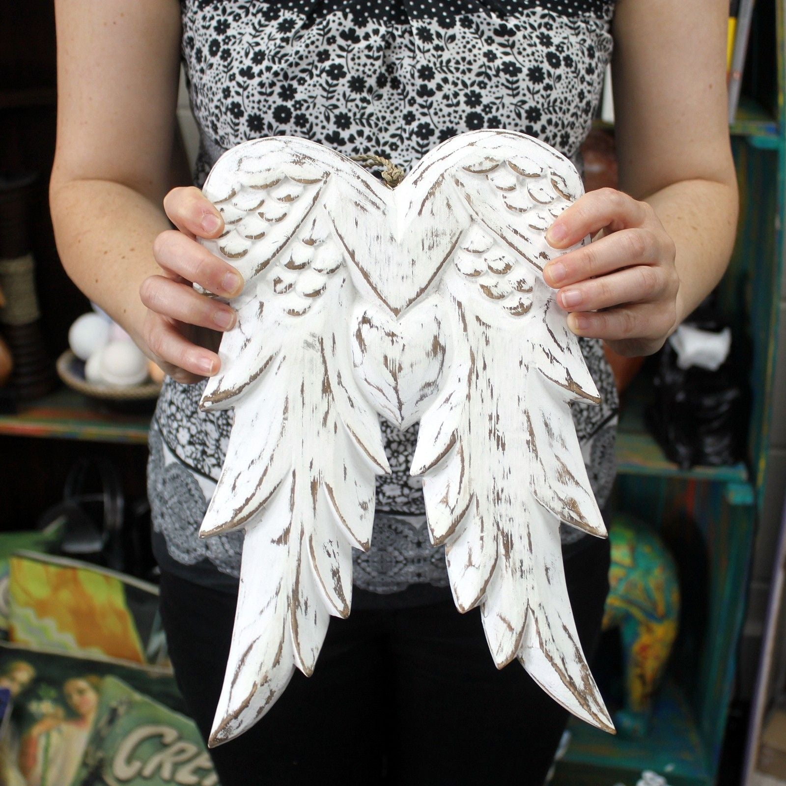 White Washed Angel Wings – 31CM white-washed wooden double angel wings wall decor held in hands, rustic farmhouse style
