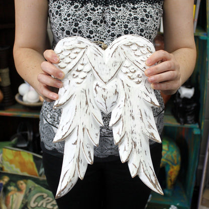White Washed Angel Wings – 31CM white-washed wooden double angel wings wall decor held in hands, rustic farmhouse style