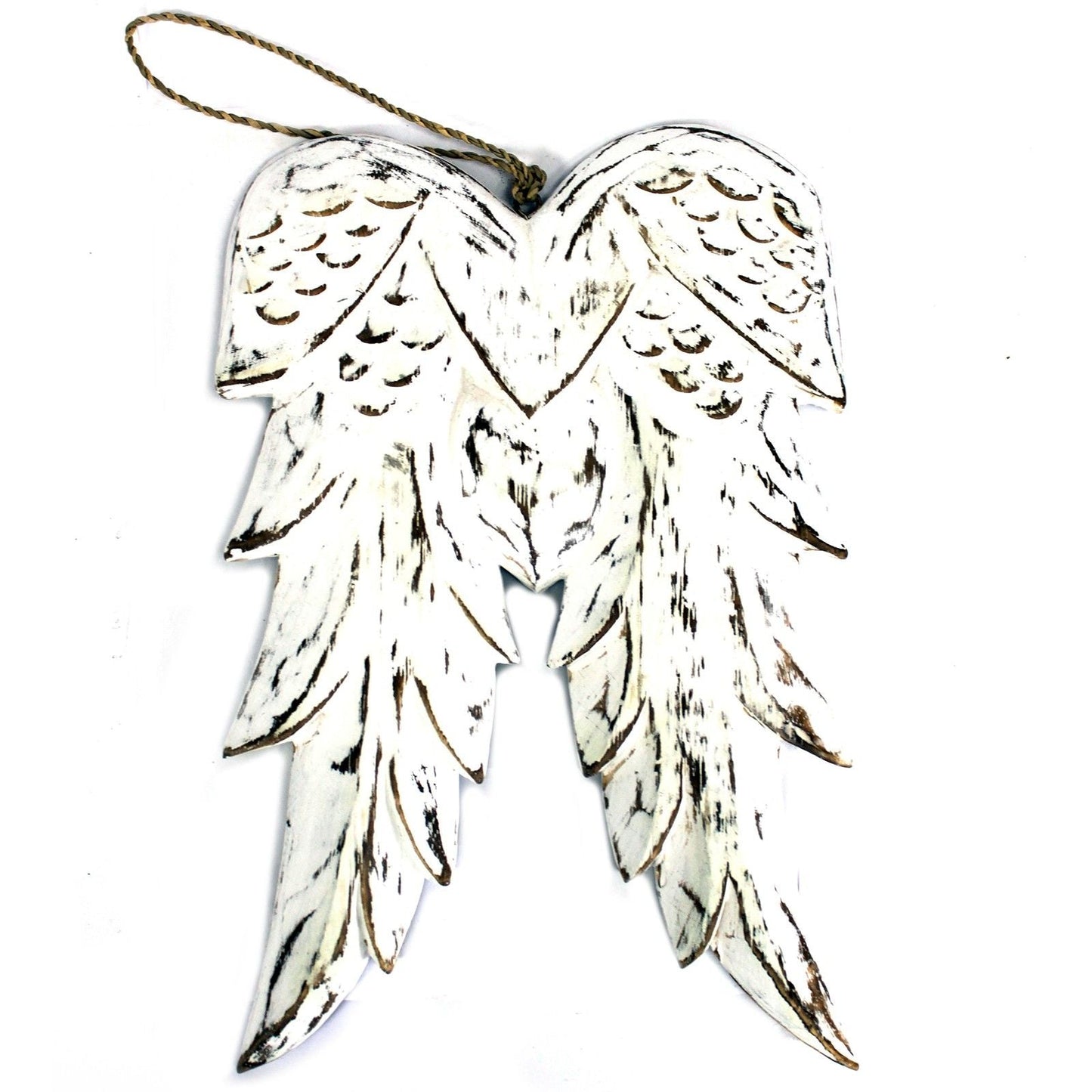Alt Tag: White Washed Angel Wings – 31CM double angel wing wall hanging, white-washed albesia wood decor with rope loop